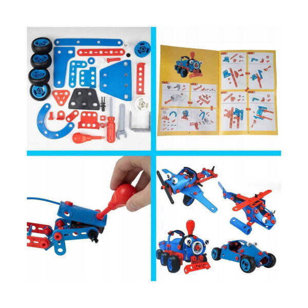 Set de construcție STEM Tineri inventatori, colaj în patru părți: inventarul pieselor și sculelor, manualul deschis