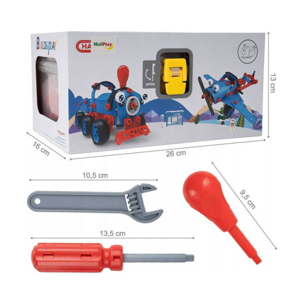 Set de construcție STEM Tineri inventatori, cutia setului cotată 26 × 16 × 13 cm, plus cheia de 10,5 cm