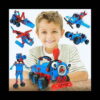 Set de construcție STEM Tineri inventatori, băiat la masă pe fundal negru, înconjurat de modelele setului: vehicul mare