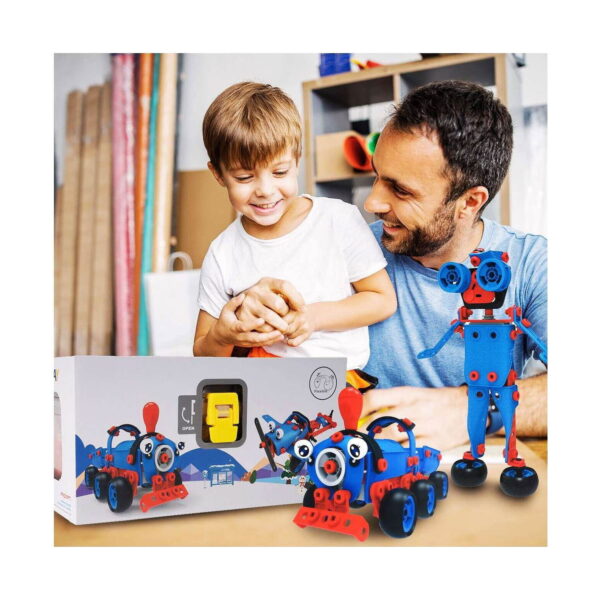 Set de construcție STEM Tineri inventatori, bărbat și băiat la masă; cutia setului este în stânga