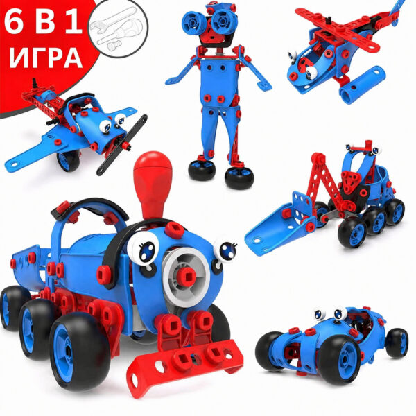 Set de construcție STEM Tineri inventatori, compoziție pe fundal alb cu cele șase modele asamblate