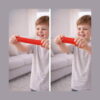 set-de-exterior-super-fly-14-in-1-utilizare Set de exterior Super Fly, două cadre alăturate cu un băiat zâmbitor care întinde un tub ondulat extensibil roșu