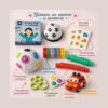 Set de jocuri educative, infografic cu text și săgeți către joc de cărți, sonerie, minge puzzle, cilindri numerici