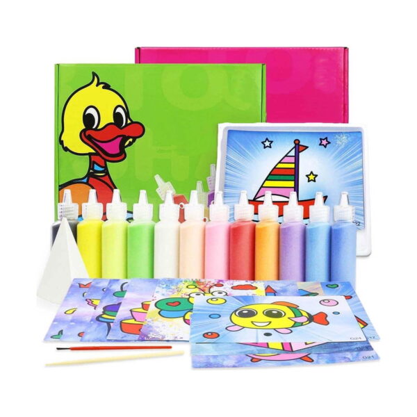 set-de-pictura-cu-nisip-12-planse-continut-3 Set de pictură cu nisip, cutie verde și cutie roz, sticluțe cu nisip colorat, planșe ilustrate cu pește și rățușcă