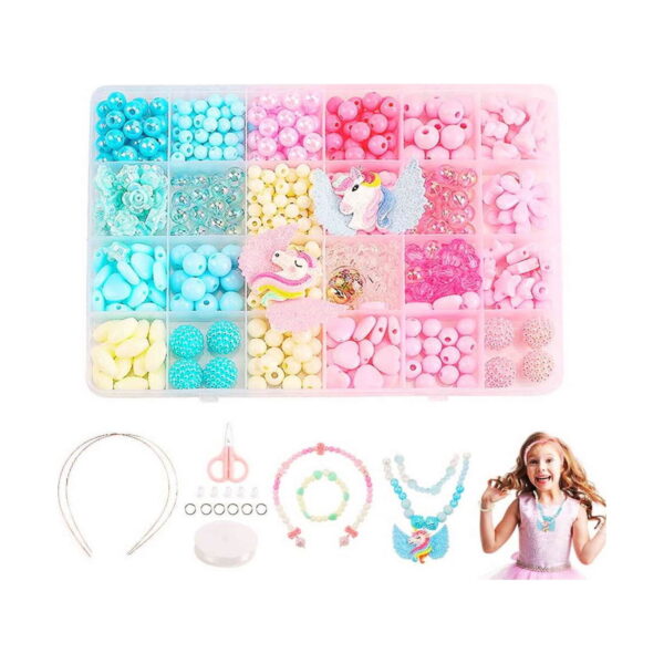 Set DIY de bijuterii cu unicorn, grafic de compoziție cu organizatorul de mărgele, cordeluță, foarfece