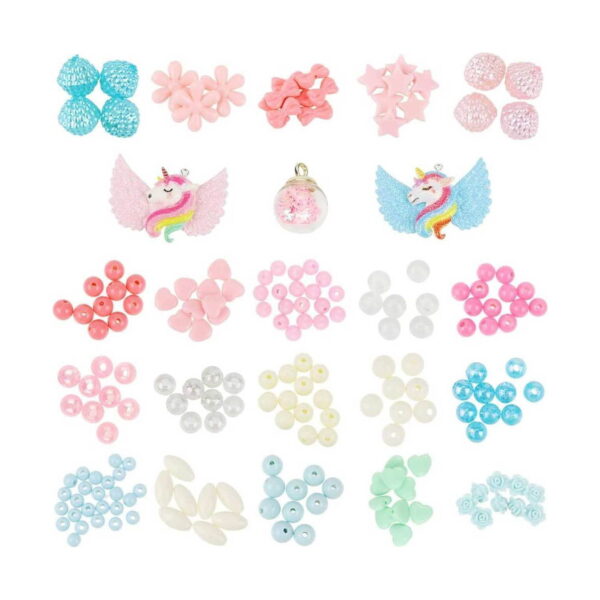 Set DIY de bijuterii cu unicorn, grilă cu tipurile de piese: fundițe, flori, pandantive unicorn