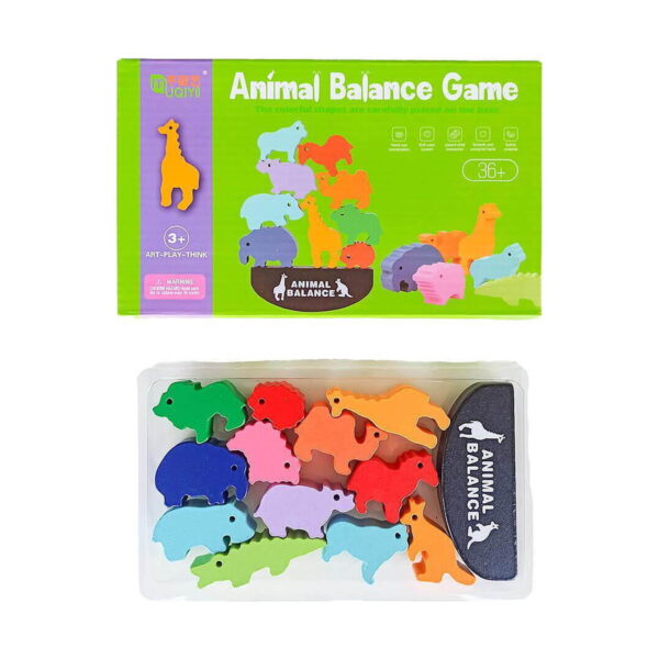 set-educativ-dino-continut-3 Set educativ Dino, fața cutiei Animal Balance Game și tăvița transparentă cu piesele din lemn în formă de animale