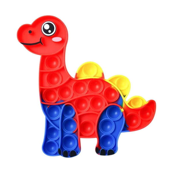 set-educativ-dino-detaliu Set educativ Dino, dinozaur Pop It cu corp roșu, picioare albastre, plăci galbene pe spate și bule apăsabile