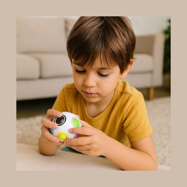 set-educativ-dino-utilizare-3 Set educativ Dino, un băiat în tricou galben ține în mâini bila-puzzle albă cu bile colorate