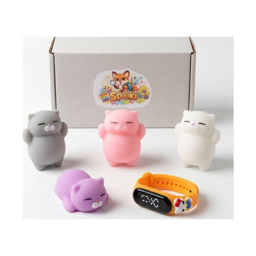 set-educativ-hello-kitty-pentru-invatarea-orei-continut Set educativ Hello Kitty pentru învățarea orei, prezentare pe alb: cutia Spoki, pisicuțe squishy gri, roz