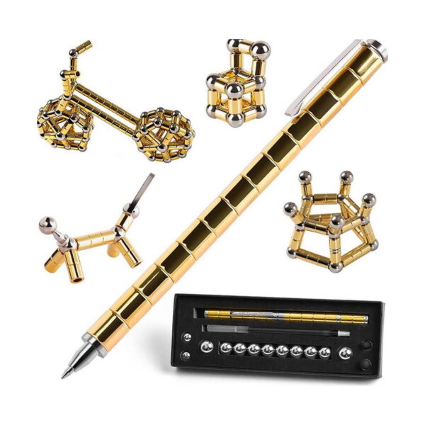 Set Fidget cu 3 jucării, pix magnetic auriu segmentat, patru figuri construite din cilindri și bile magnetice și cutia neagră