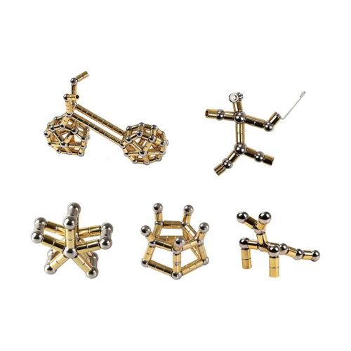 set-fidget-cu-3-jucarii-utilizare Set Fidget cu 3 jucării, cinci construcții din cilindri magnetici aurii și bile metalice: motocicletă, personaj, stea