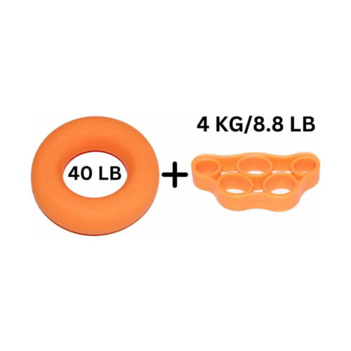 Set Fidget pentru mâini, compoziție pe fundal alb: inel de silicon portocaliu cu inscripția 40 LB