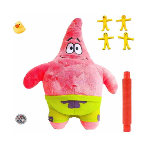 set-jucarii-de-plus-super-patrick-8-jucarii-continut Set jucării de pluș, mare Patrick Star roz cu pantaloni verzi, alături de patru omuleți galbeni elastici, un tub roșu striat