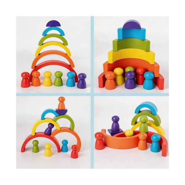 set-jucarii-educative-montessori-curcubeu-utilizare-2 Set jucării educative Montessori curcubeu, montaj din patru cadre cu configurații diferite din arcade și figurine