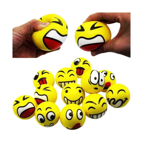 Set Jumbo de mingi antistres cu emoticoane, sus, două mâini care strâng fiecare câte o minge cu expresie de râs; jos