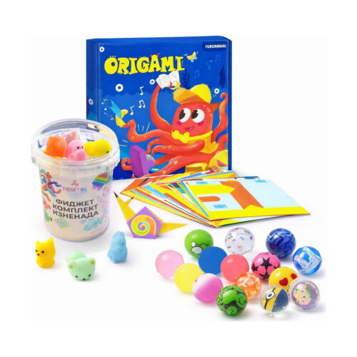Set Jumbo Fidget, prezentare pe alb: cutia albastră ORIGAMI cu caracatiță, găletușa cu squishy-uri
