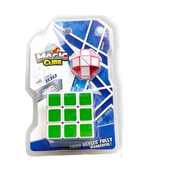 set-magic-rubik-ambalaj Set magic Rubik, blister de carton cu titlul Magic Cube, care conține un cub 3x3 cu fața verde și un șarpe-puzzle roșu cu alb