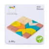 Set Montessori cu 4 puzzle-uri din lemn, prim-plan cu capacul pătrat al cutiei 4131 Mosaic