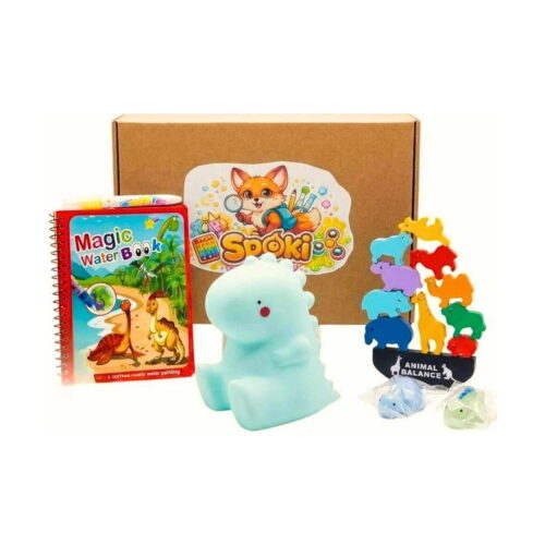 Set Montessori Dino la Mare, cutie Spoki de carton, Magic Water Book cu dinozauri, lampă dinozaur mentă