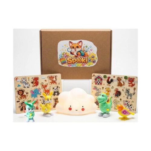 Set Montessori Fermă, cutie Spoki din carton, două planșe de puzzle din lemn cu animale