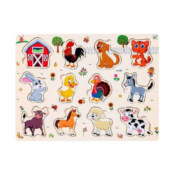 set-montessori-ferma-detaliu-3 Set Montessori Fermă, planșă de puzzle din lemn cu hambar și animale de fermă: cocoș, câine, pisică, iepure, rață, curcan
