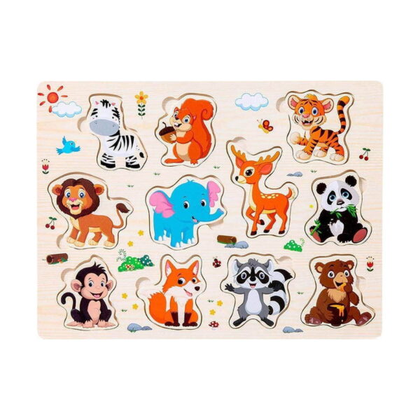 set-montessori-ferma-detaliu-4 Set Montessori Fermă, planșă de puzzle din lemn cu animale sălbatice: zebră, veveriță, tigru, leu, elefant, căprioară, panda
