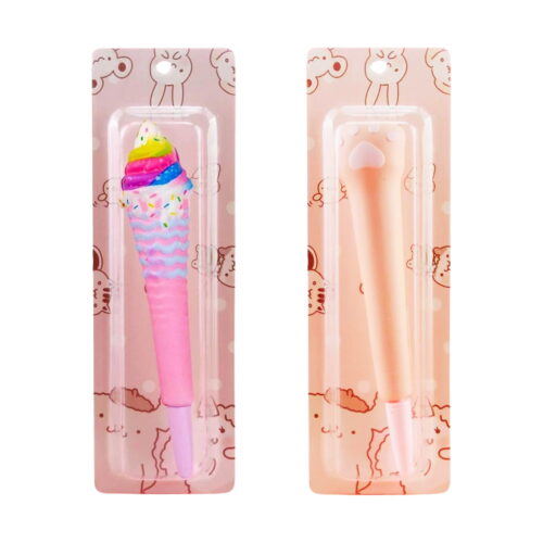 set-pixuri-squishy-continut Set Pixuri squishy, două pixuri în blistere pe carton roz cu iepurași: unul roz cu decor de înghețată spiralată cu bombonele