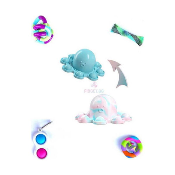 set-pop-it-caracatita-5-jucarii-continut Set Pop It Caracatiță, compoziție cu cele cinci jucării din set: tangle multicolor, tub din plasă cu bilă
