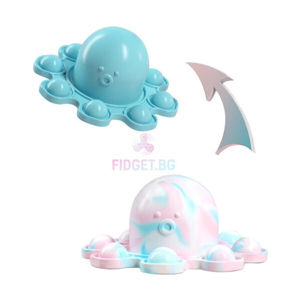 set-pop-it-caracatita-5-jucarii-detaliu Set Pop It Caracatiță, pop-it reversibilă: o față bleu și una marmorată roz cu alb și bleu, cu săgeată între ele