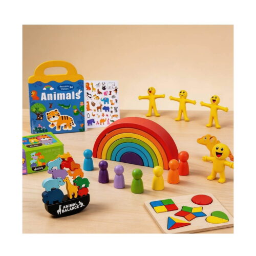 Set Montessori din lemn, 7 jucării, trei copii într-o cameră de joacă; în față curcubeu din lemn și pioni colorați