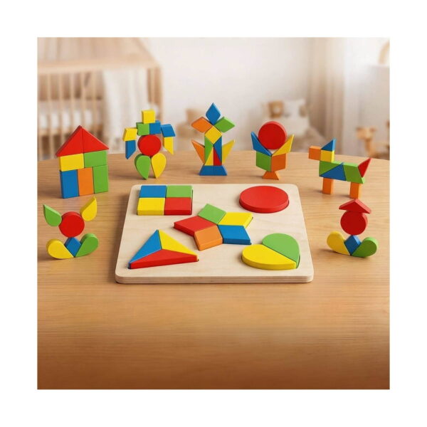 set-puzzle-montessori-din-lemn-utilizare-3 Set Montessori din lemn, 7 jucării, planșă pătrată din lemn cu piese geometrice colorate și exemple construite alături: casă