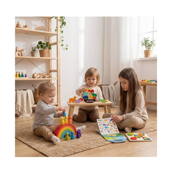 set-puzzle-montessori-din-lemn-utilizare Set Montessori din lemn, 7 jucării, prezentare cu cutia Animals cu stickere, curcubeu din lemn, baza Animal Balance cu animale