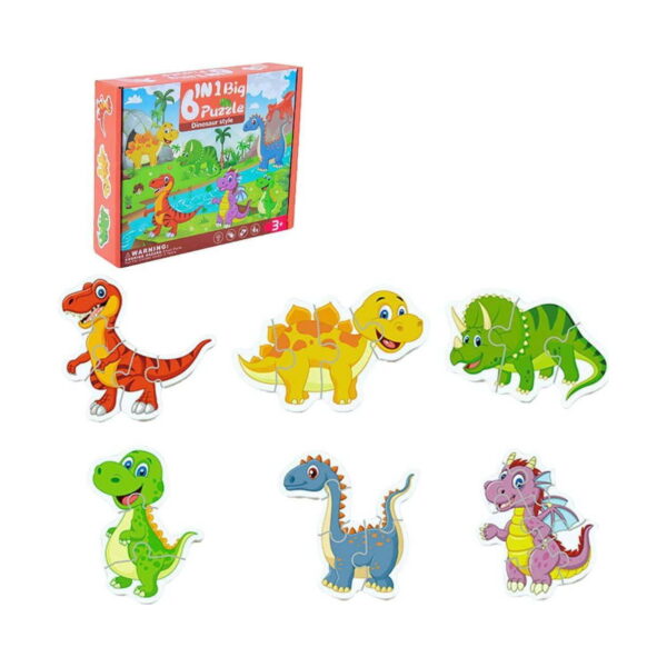 set-senzorial-aventura-dino-5-in-1-detaliu Set senzorial Aventură Dino 5 în 1, cutia puzzle-ului 6 în 1 și șase piese de puzzle cu dinozauri colorați, pe fundal alb