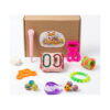 set-senzorial-iq-14-jucarii-continut Set senzorial IQ, conținutul setului: cutie de carton maro, cartonaș SpOki, pix roz cu vârf în formă de lăbuță