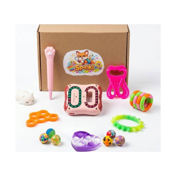 set-senzorial-iq-14-jucarii-continut Set senzorial IQ, conținutul setului: cutie de carton maro, cartonaș SpOki, pix roz cu vârf în formă de lăbuță
