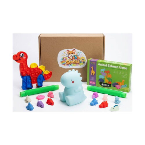 Set senzorial Planeta Dinozaurijucării, conținutul setului: cutie de carton maro, cartonaș SpOki
