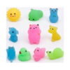 set-squishies-luminoase-jucarii-antistres-continut Set squishies luminoase, zece figurine squishy pe fundal alb: soare zâmbitor, urs roz, urs albastru, cățel galben