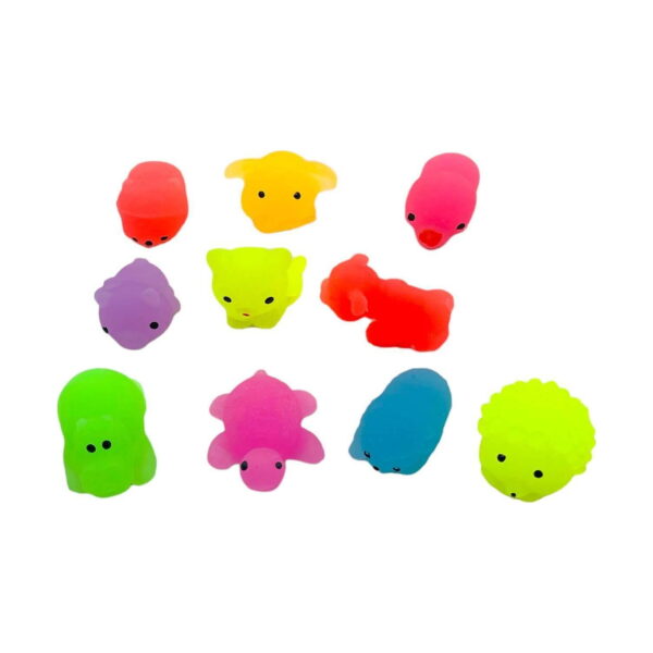set-squishies-luminoase-jucarii-antistres-continut-3 Set squishies luminoase, zece figurine squishy în culori neon, între care arici galben, cățel galben