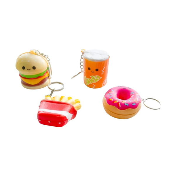 Set squishy Fast Food, vedere de ansamblu cu cele patru squishy-uri fast-food pe fundal alb