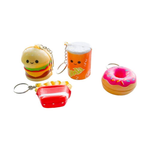 set-squishy-fast-food-continut Set squishy Fast Food, patru squishy-uri fast-food cu inel de breloc: hamburger cu față zâmbitoare, pahar portocaliu de suc