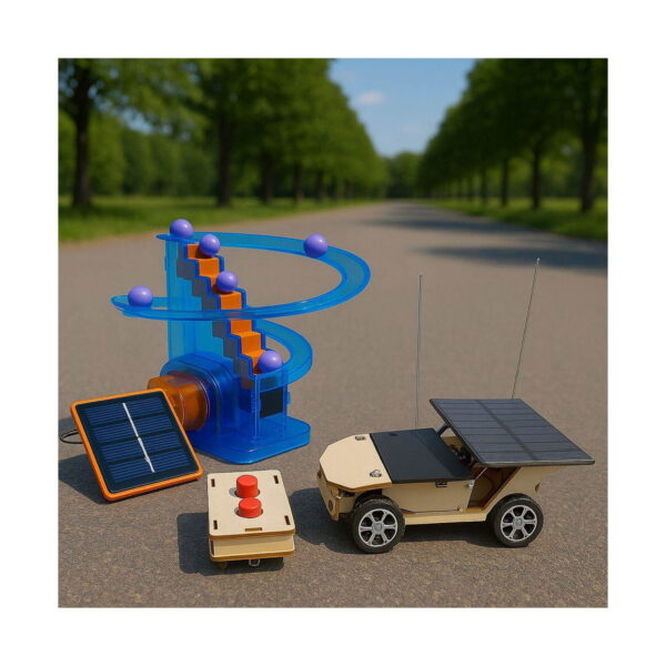 set-stem-2-in-1-cu-energie-solara-continut Set STEM 2 în 1 cu energie solară, circuitul cu bile și mașina din lemn, ambele asamblate, dispuse pe o alee