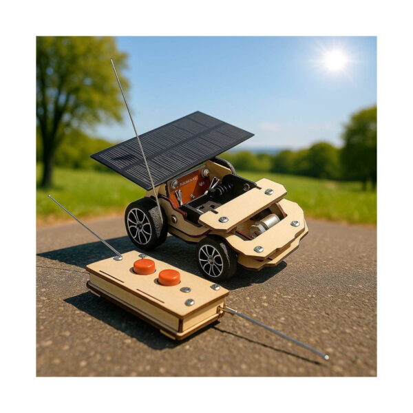 set-stem-2-in-1-cu-energie-solara-detaliu Set STEM 2 în 1 cu energie solară, prim-plan în aer liber cu mașina din lemn