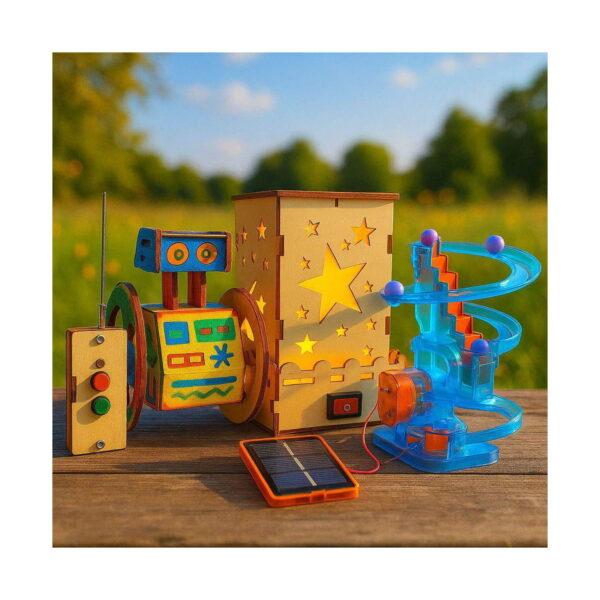 set-stem-3-in-1-exploratorul-continut Set STEM 3 în 1 Exploratorul, cele trei proiecte asamblate pe o masă din lemn afară: robotul pictat