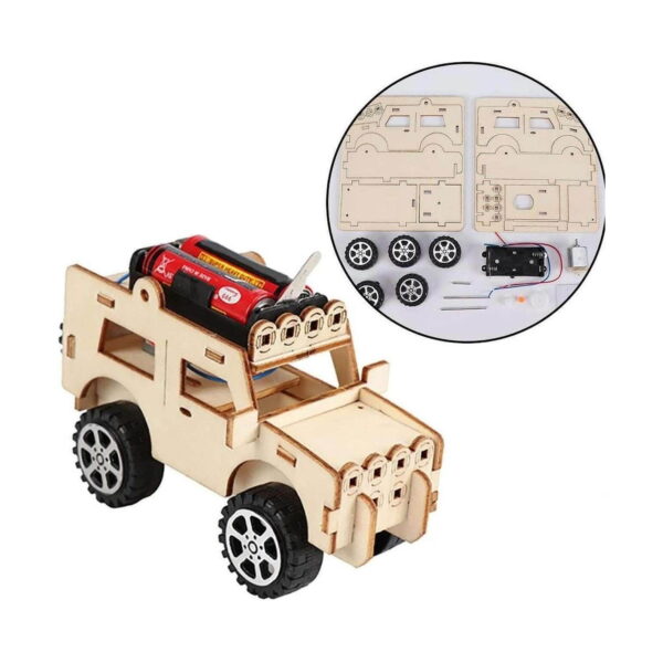 set-stem-inventii Set STEM Invenții, jeep din lemn asamblat cu baterii roșii pe plafon, plus un medalion circular cu plăcile decupate, roțile
