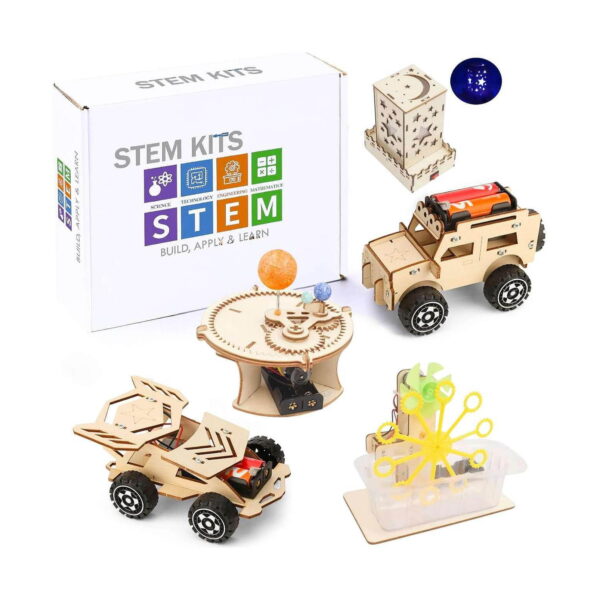 set-stem-inventii-ambalaj-continut Set STEM Invenții, cutia STEM KITS alături de cinci modele: lampa stea, jeepul, modelul planetar