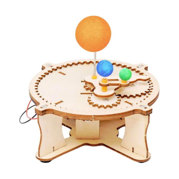 set-stem-inventii-model-asamblat-6 Set STEM Invenții, planetar văzut din alt unghi, cu sfera portocalie mare, o sferă albastră și una verde