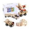 set-stem-vehicule Set STEM vehicule, cutia albă STEM KITS alături de cinci modele din lemn asamblate: biplan, vehicul de teren, tren