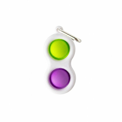 Simple Dimple cu 2 butoane, alb cu două butoane, unul verde deschis și unul mov, cu inel metalic sus