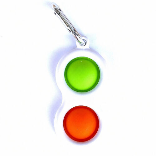 Simple Dimple cu 2 butoane, alb cu două butoane, unul verde și unul portocaliu, cu carabinieră